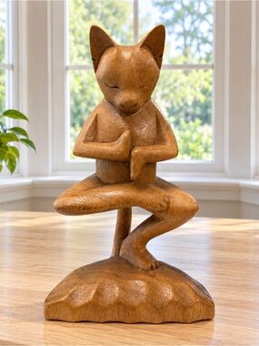 Indonesia Indonesian Hand Carved Wood Cat Deep Meditation Nengah Sudarsana 8"